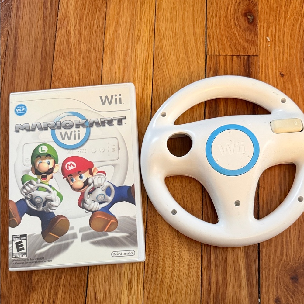 Nintendo Wii Mario Kart with White and Blue Steering Wheel